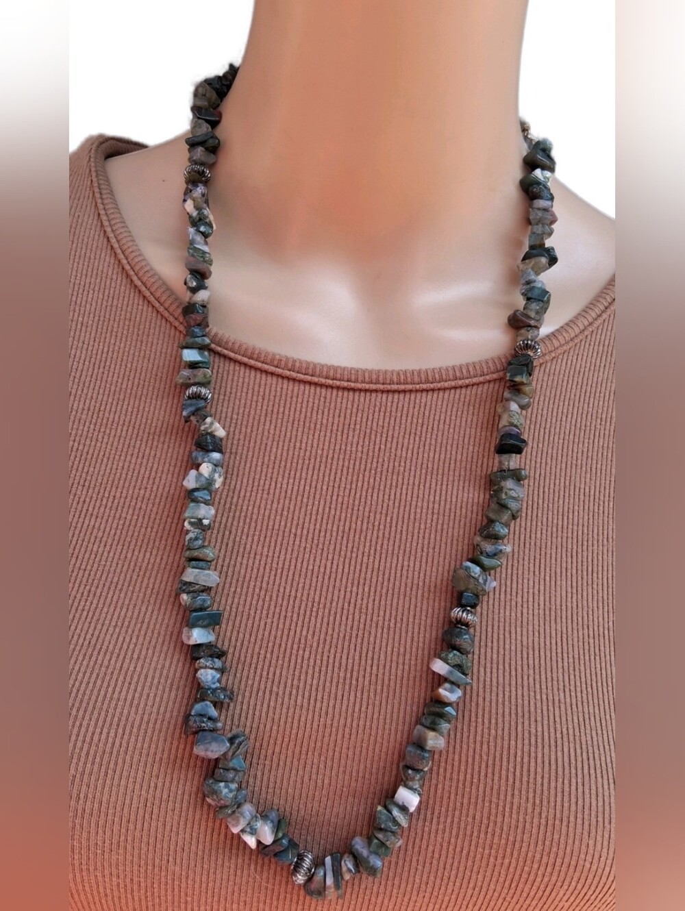 Vintage Fancy Jasper Moss Agate Tumbled Gemstone Chip Necklace Silver Beads